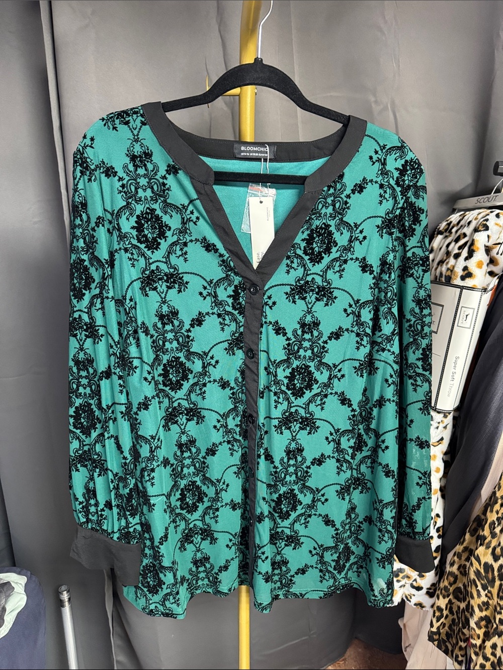 Bloom Chic Teal and Black Button-Front Blouse